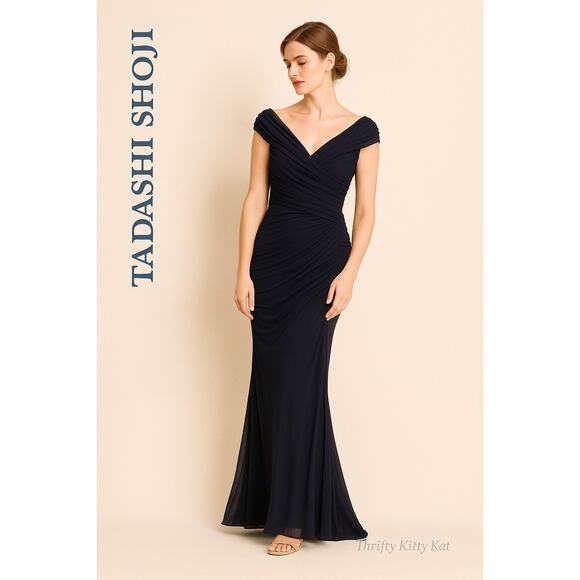 Tadashi Shoji Ruched Mesh Cap Sleeve Floor Length Formal Evening Gown Black L - Picture 3 of 11